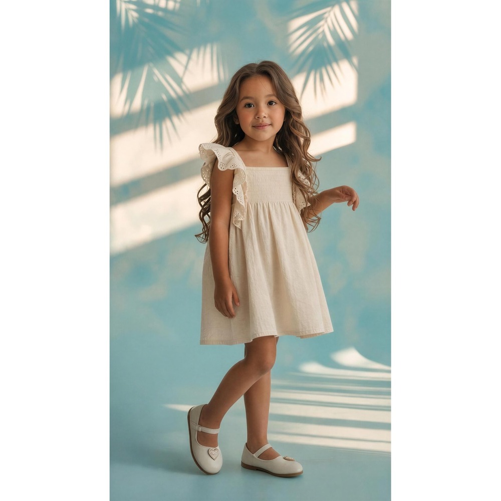 Childrenswear Girls Cream Cotton Eyelet Ruffle Sleeve Dress